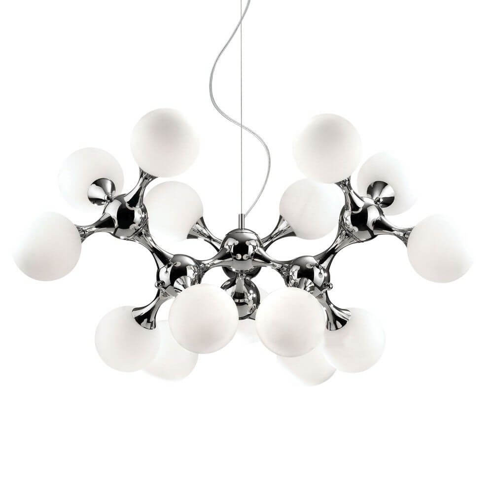 Nodi Pendelleuchte mit 15 Kugelgläsern, Ø 100cm, Chrom, drehbare Verbindungselemente, weißes Glas.