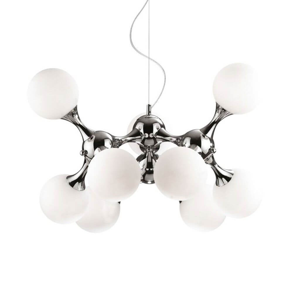 Nodi pendellampe med 9 glasskuler Ø 80 cm krom i moderne design med metallramme og hvite glasskuler.