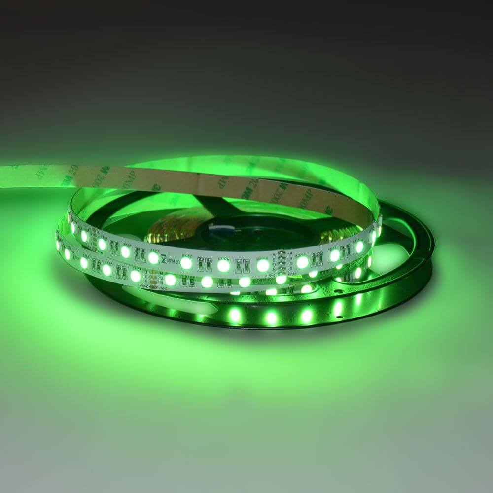 Grüner LED-Strip SMD 5050 auf Rolle, 12mm breit, einfach zu montieren mit 3M Klebeband, IP20, für kreative Beleuchtung.