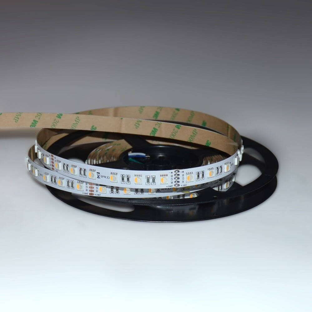 RGBW LED-Strip SMD 5050, 5m, 24V, IP20, mit 3M Klebeband und Schnittmarken für einfache Montage.