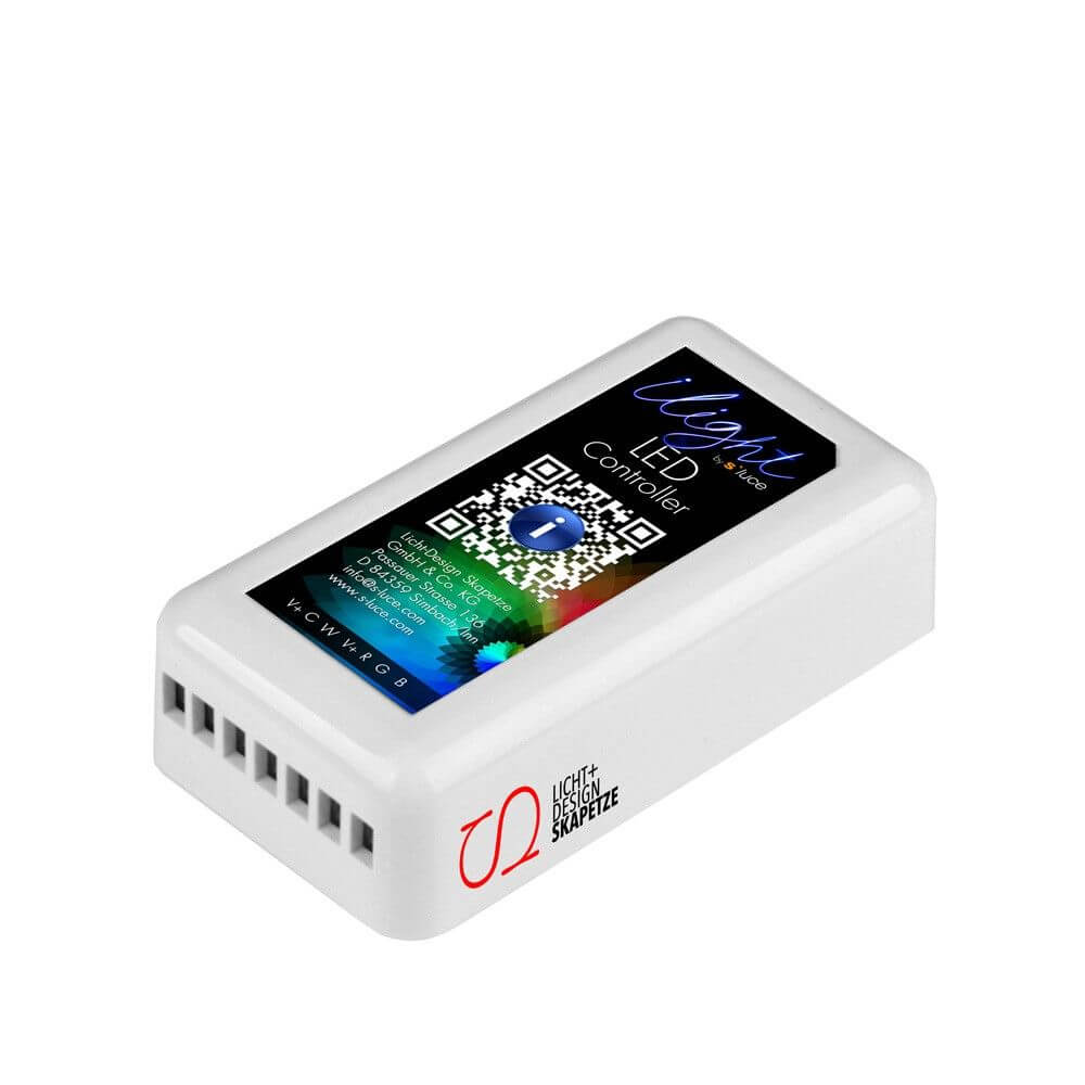 iLight LED-Controller für RGB und CCT LED-Strips mit QR-Code und Einstellmöglichkeiten für Farbe und Helligkeit.