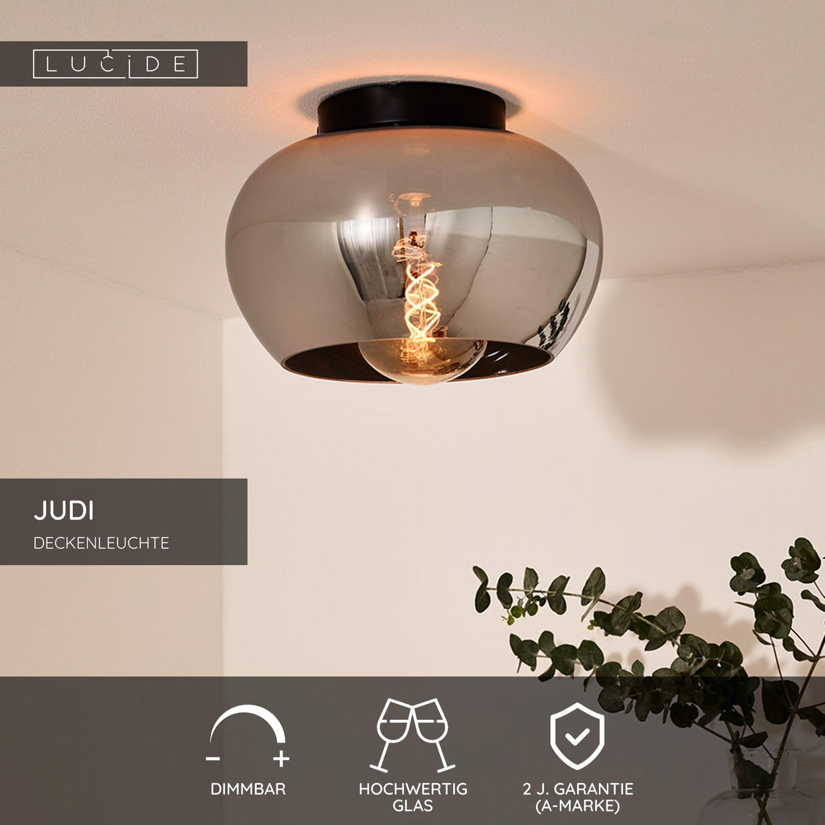 Deckenleuchte Judi rauchgrauer Glasschirm Ø 30,5cm (3)