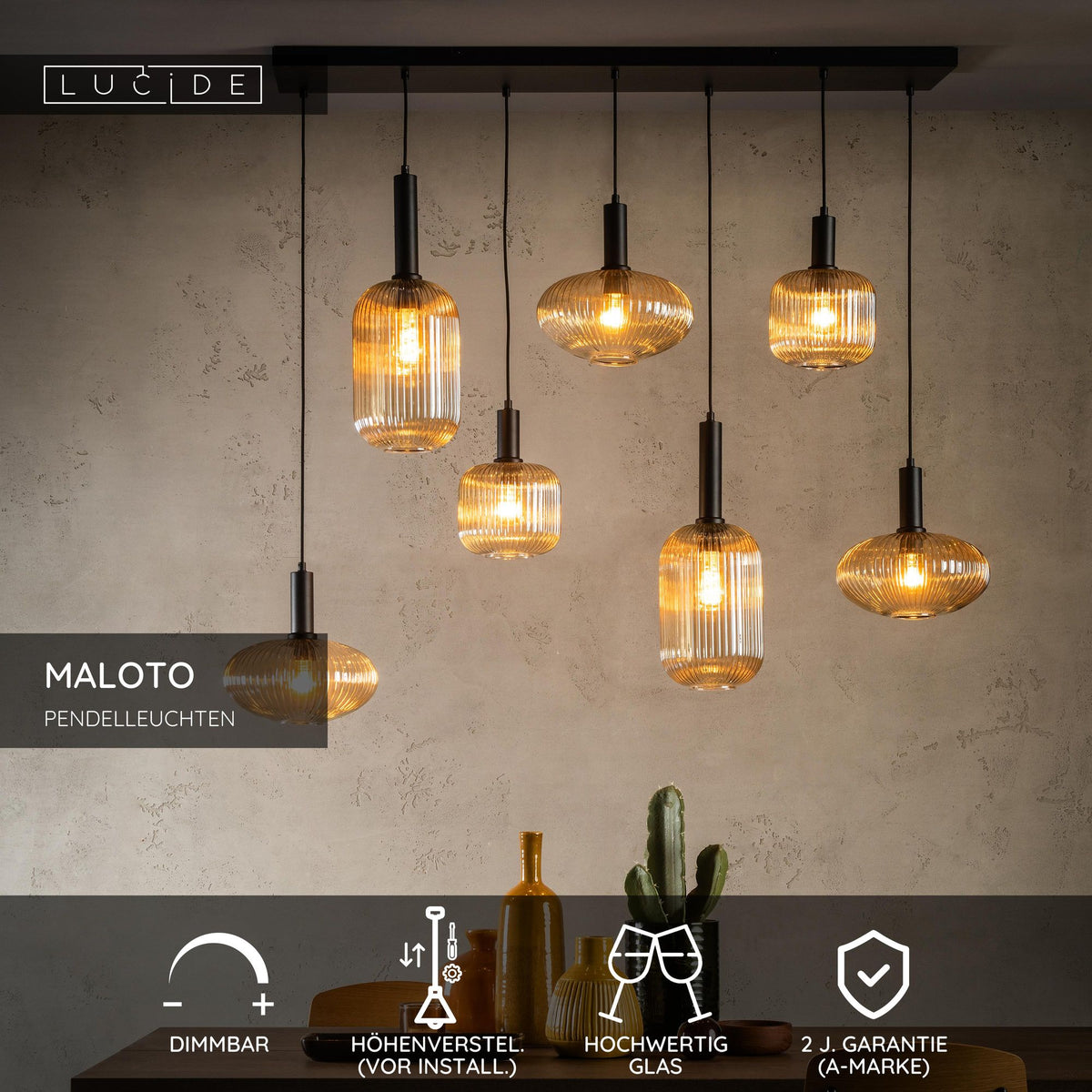 Lampada a sospensione Maloto a 7 luci in stile retrò con paralume in vetro (5)
