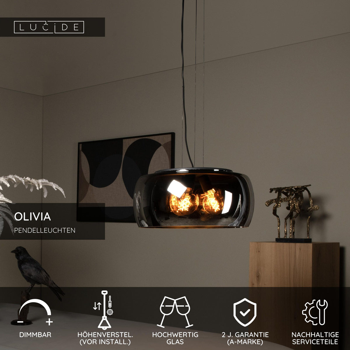 Lampada a sospensione Olivia a 3 luci con paralume in vetro fumé Ø 50cm regolabile in altezza (5)
