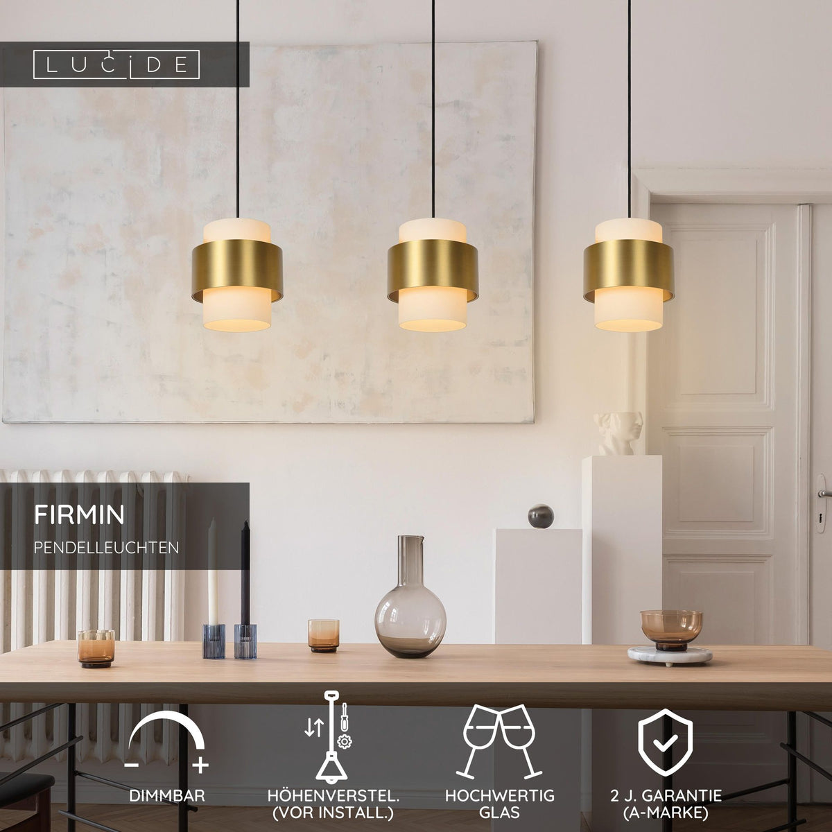 Lámpara colgante Firmin de 3 luces, regulable en altura, cristal, latón (5)
