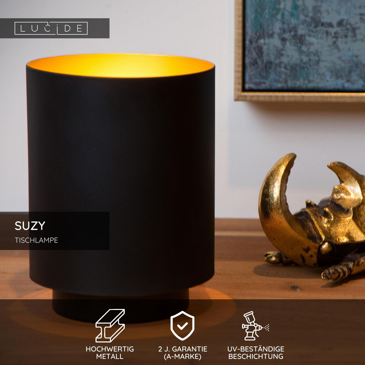 Candeeiro de mesa Suzy de 1 luz, formato cilíndrico, preto, latão 16cm (4)