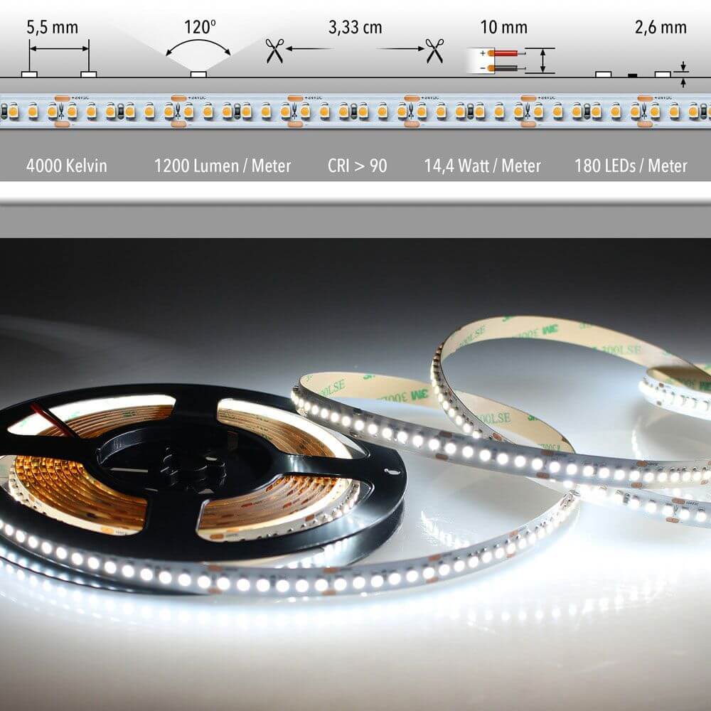 5m LED-Strip 14, 4 W/m Neutralweiß IP63 auf Rolle, mit neutralem Licht und hoher Farbwiedergabe.