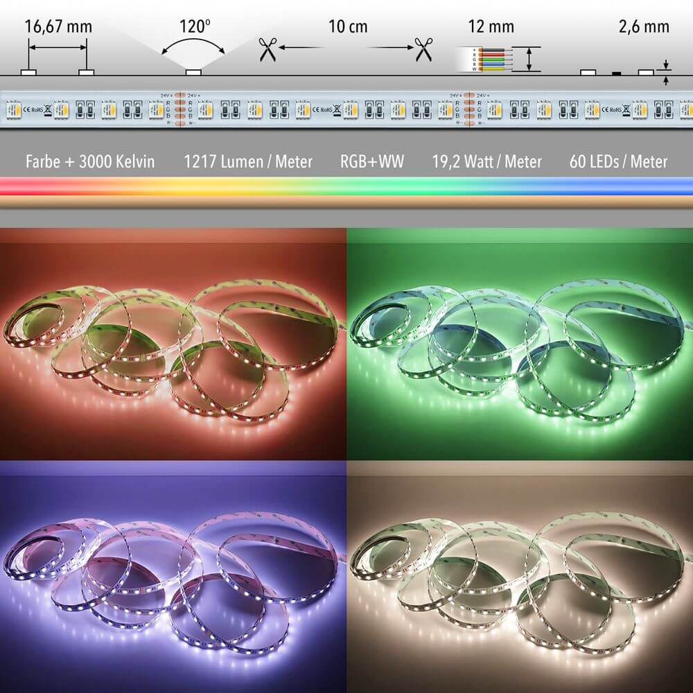 5m LED Strip 19, 2 W/M RGB + Warm White 24V IP63