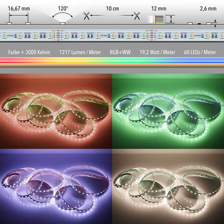 5m LED-Strip 19, 2 W/m RGB + Warm white 24V IP63 - SMD 5050, 60 LEDs per meter, luminous color combinations
