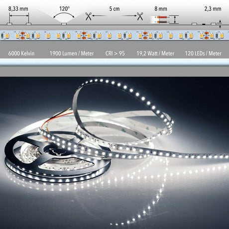 5m LED-Strip 19,2 W/m Kaltweiß IP20 auf Rolle mit hoher Farbwiedergabe und einfacher Montage.