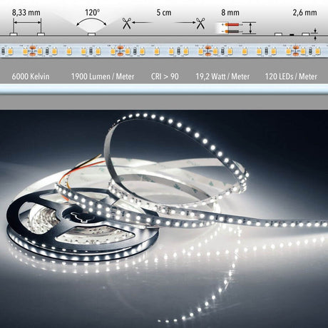 5m LED-Strip 19, 2 W/m Kaltweiß IP63 auf Rolle, hohe Farbwiedergabe, 6000K, einfache Montage.