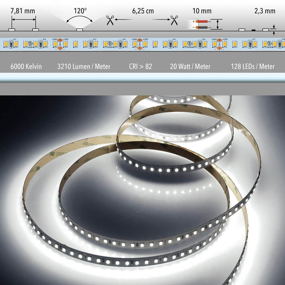 5m LED-Strip 20 W/m CRI 82 Kaltweiß IP20 mit hohem CRI, 6000K, SMD 2835 und einfacher Montage.