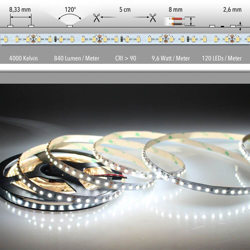 LED Lichtband 5m mit 840 Lumen/Meter und 4000 Kelvin für individuelle Beleuchtung.