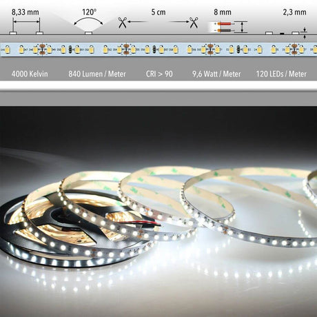 5m LED light strip 24V on request: Flexible LED strips for custom lighting with 840 lumens per meter.