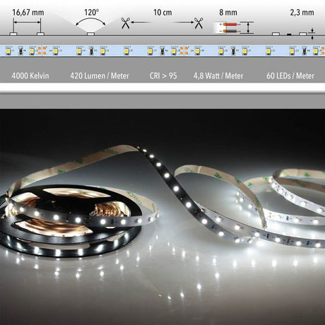 5m LED-Strip 4, 8 W/m Neutralweiß IP20 mit 4000K neutraler Farbtemperatur und hoher Farbwiedergabe.