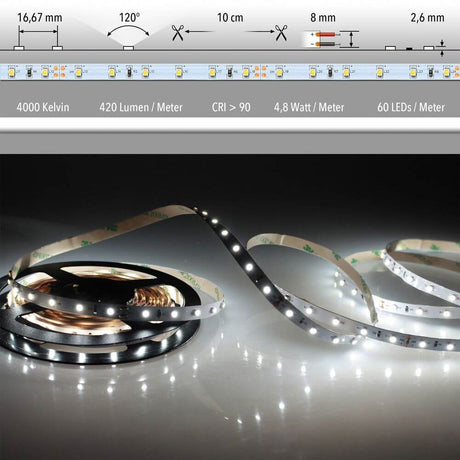 5m LED-Strip 6 W/m neutral white IP63 with 4000K color temperature and CRI > 90 for optimal lighting.