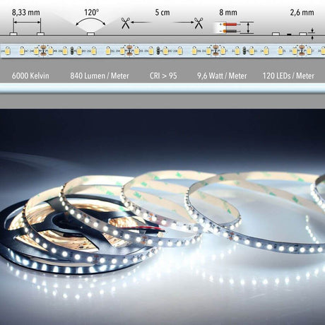 5m LED-Strip 9,6 W/m Kaltweiß IP63 mit hoher Farbwiedergabe und einfacher Montage.