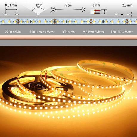 5m LED-Strip 9, 6 W/m extra Warmweiß IP20 mit SMD 3528 LEDs und 2700K Farbtemperatur.