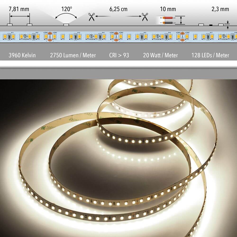 5m LED Lichtband 24V mit 3960 Kelvin, 2750 Lumen/m, ideal für individuelle Beleuchtung in jedem Raum.