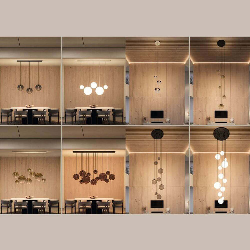 Moderne Hängeleuchten und Lichtdesigns in einem stilvollen Essbereich, warmes Licht und minimalistischer Stil.