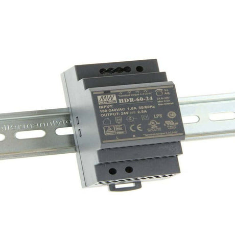 60W power supply for DIN rail, 24V IP20, mounted on a DIN rail, suitable for LED strip systems.