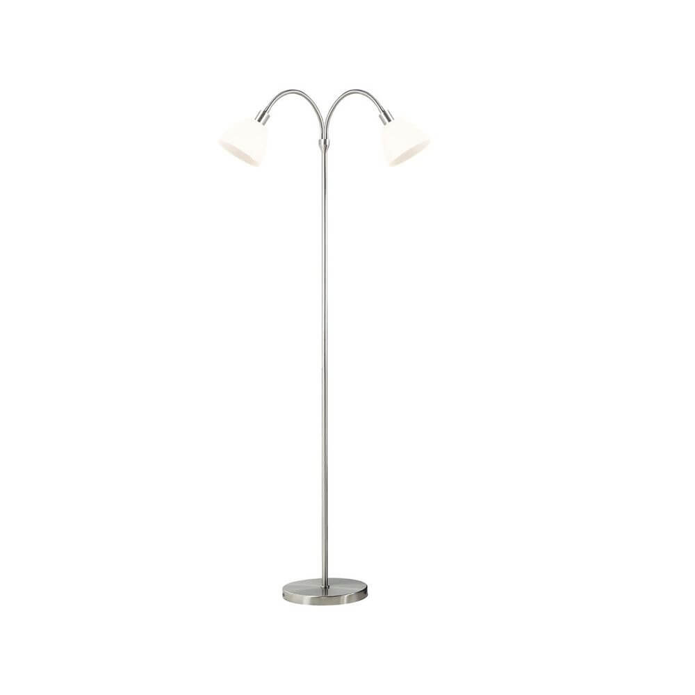 Ray Stehleuchte Chrom mit zwei weißen Glasschirmen und elegantem Chromdesign.