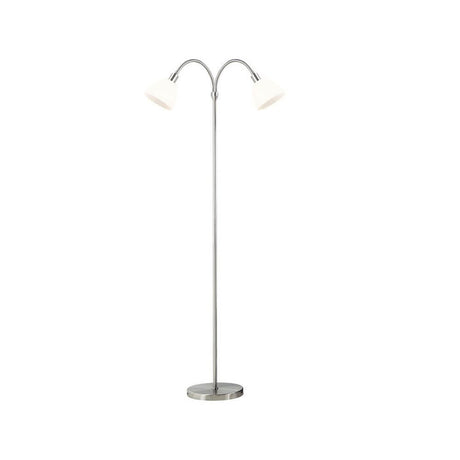Lampada da terra Ray cromata con due paralumi in vetro bianchi e un elegante design cromato.