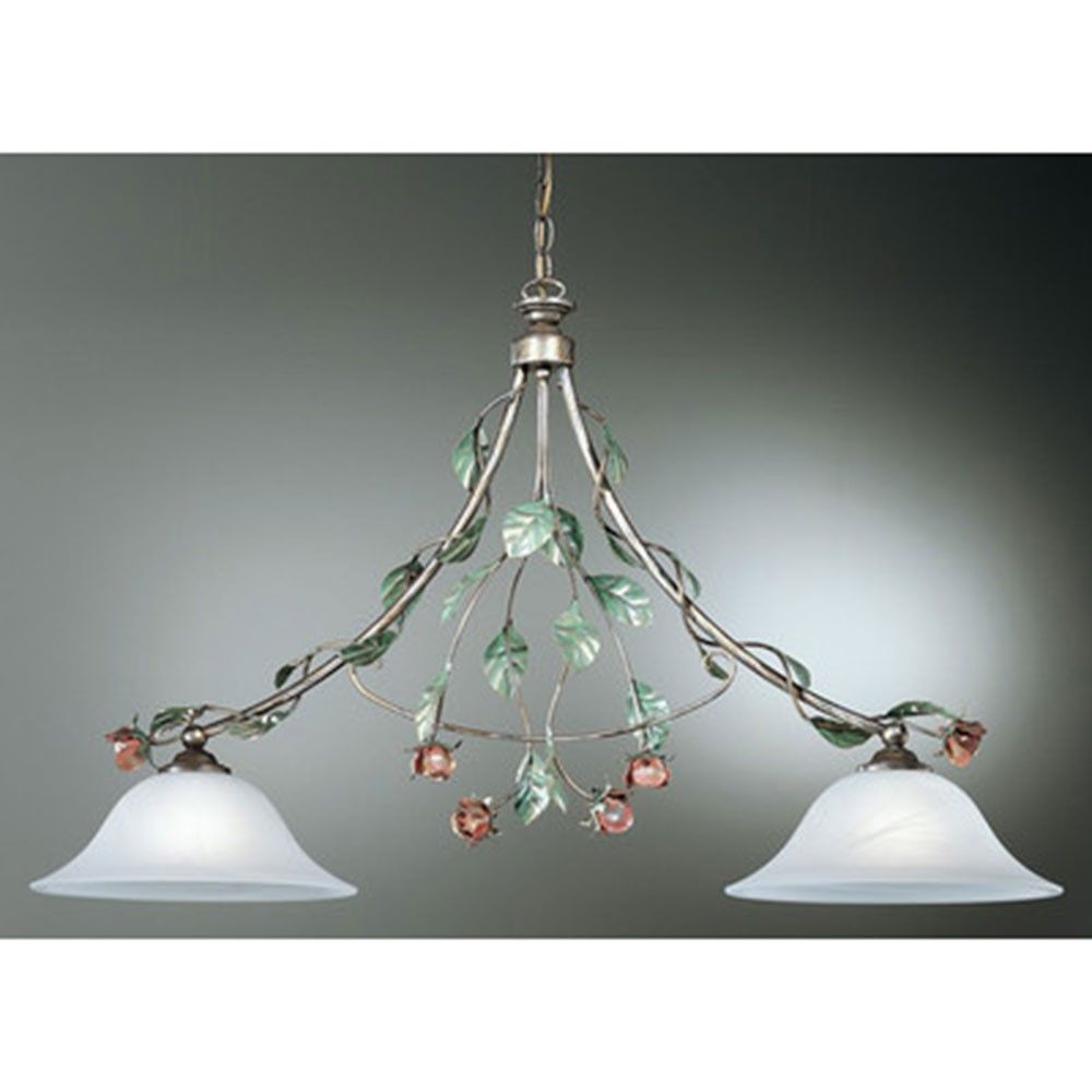 Rosaio Balken 2-flammig Gold-Silber-grün 51cm mit eleganten Blumenmotiven und Glaslampenschirmen