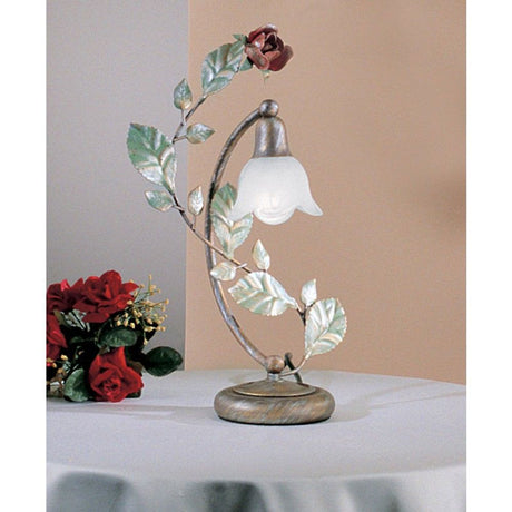 Rosaio Tischleuchte Gold-Silber-grün 39cm mit einem eleganten Rosendesign und Blattakzenten.
