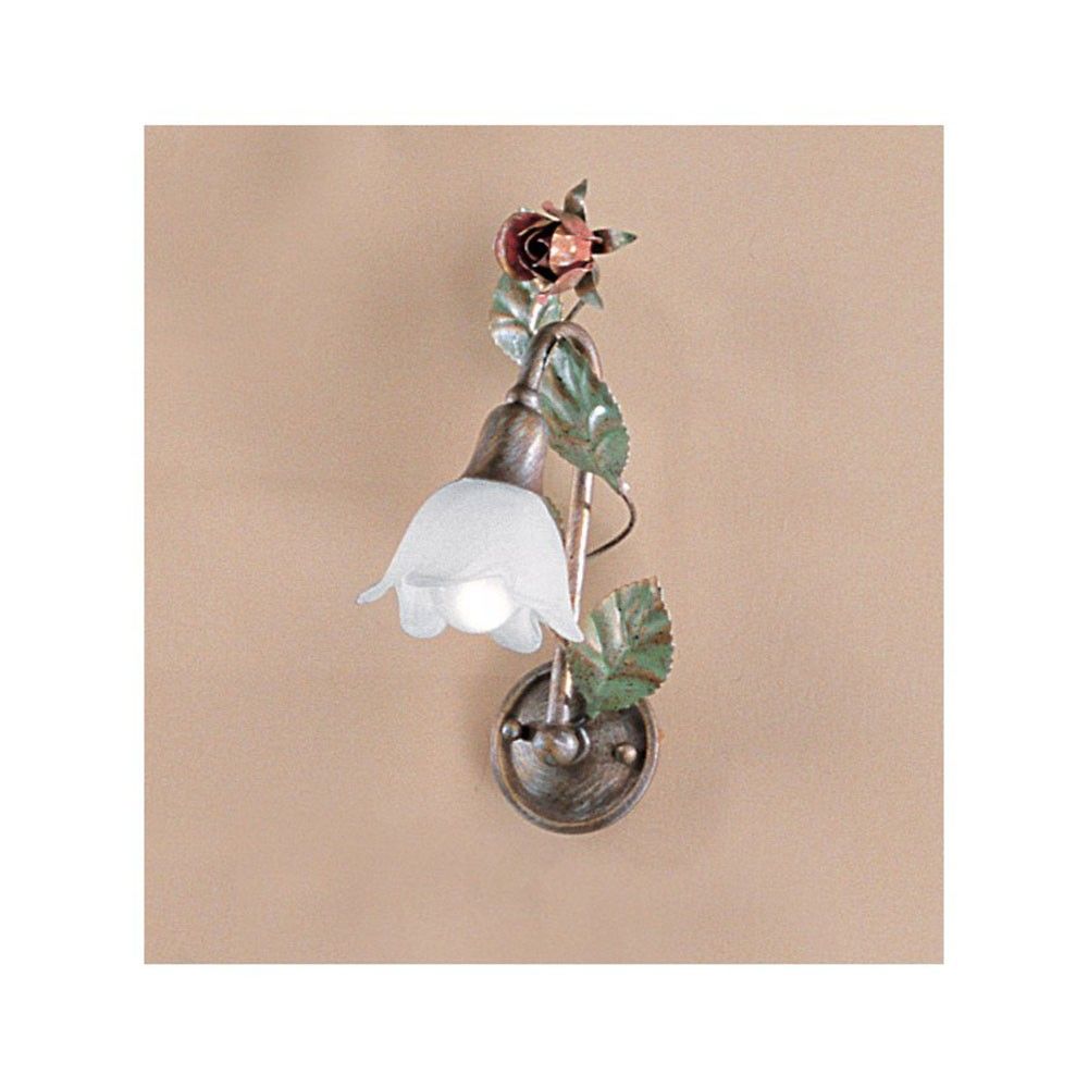 Rosaio Wandleuchte Gold-Silber-grün 29cm mit Blumen-Design und Glaslampenschirm.