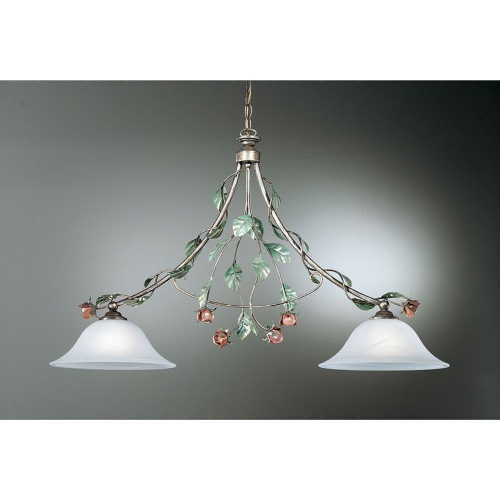 Rosaio Balken 2-flammig Gold-Silber-grün 58cm mit eleganten Glühbirnen und Blätterdesign.