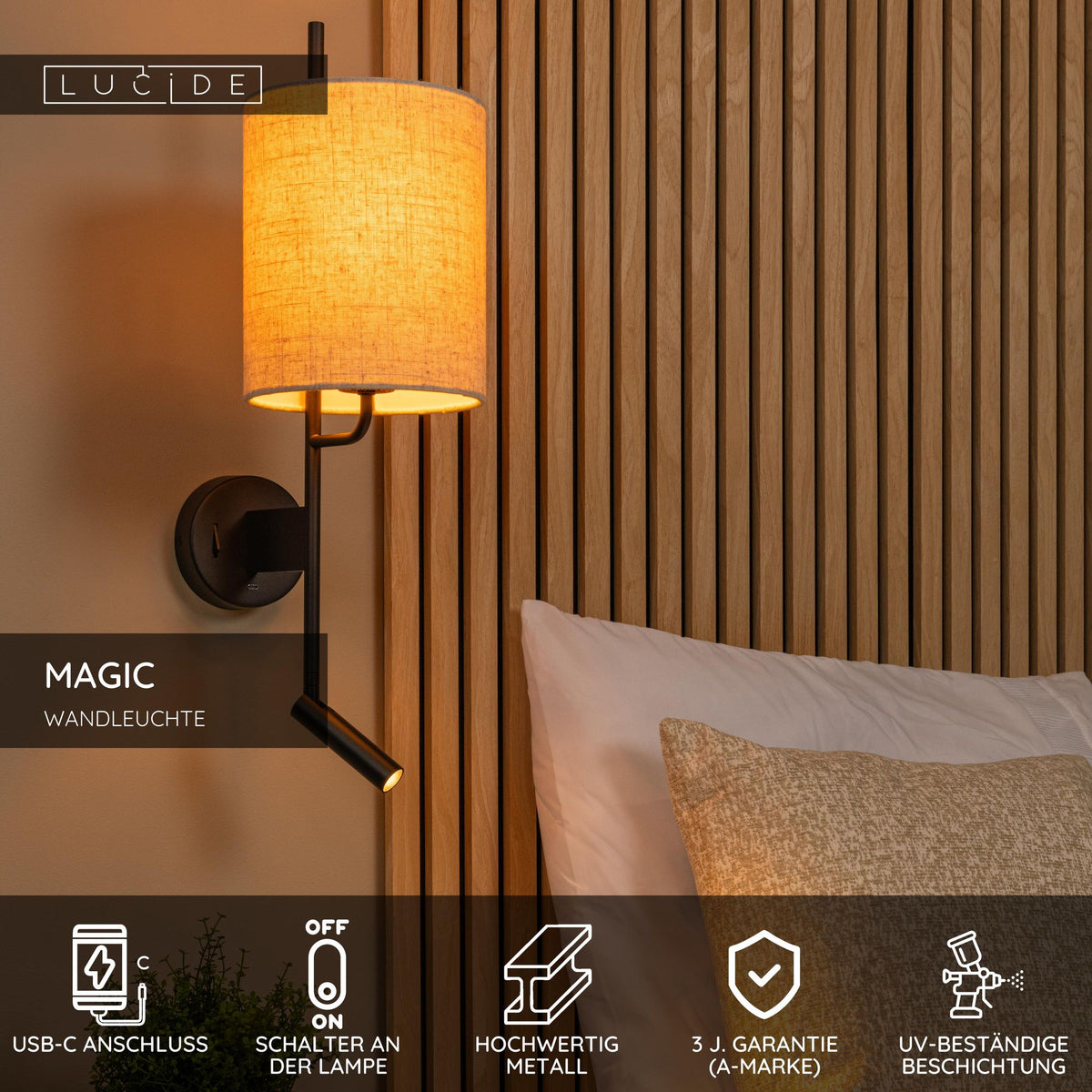 Wandleuchte Magic mit USB-Ladepunkt und Stoffschirm 30cm (5)