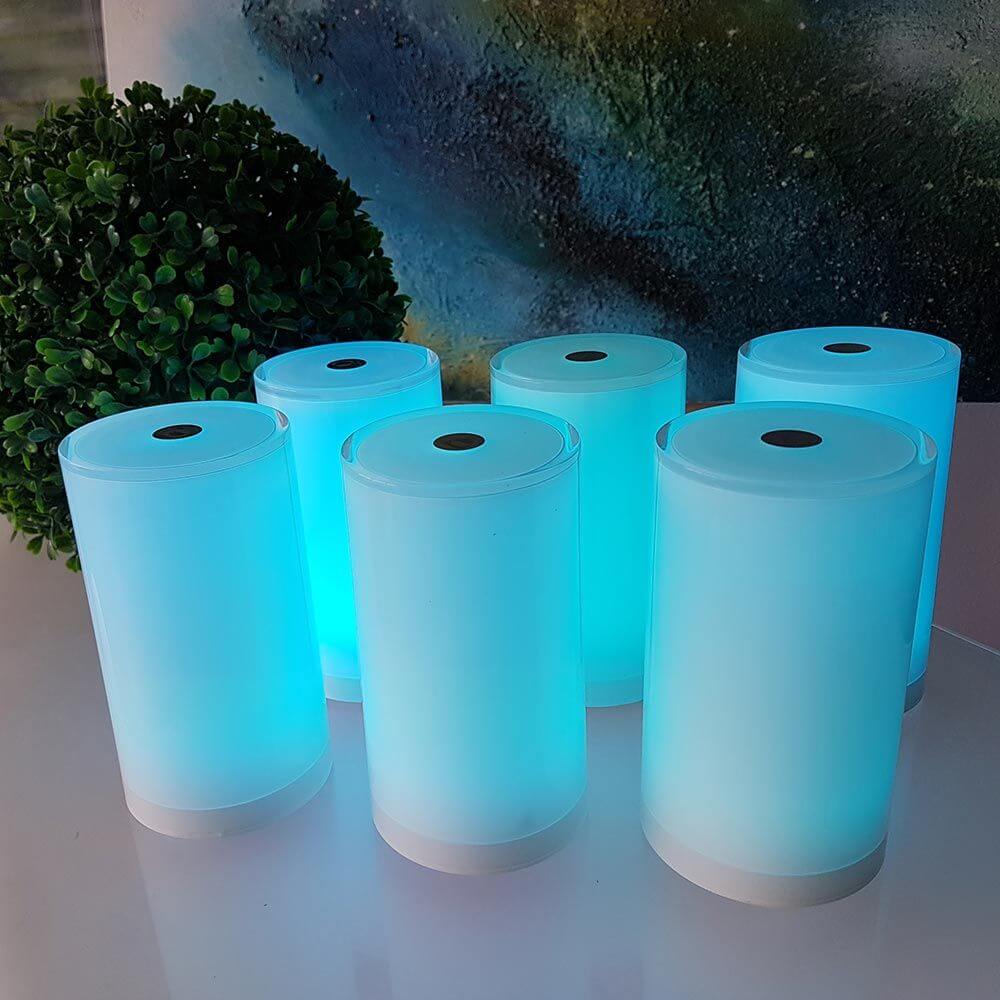 6er Set Akku-LED-Tischlampen mit App-Steuerung in elegantem Design und sanfter Beleuchtung.