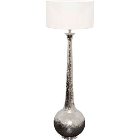 Lampada da terra Maestro in alluminio nichelato argento con base lucida a forma di sfera e raffinato paralume.