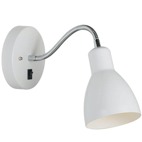 Cyclone wall light in white, wall-mounted with flexible arm and white lampshade.