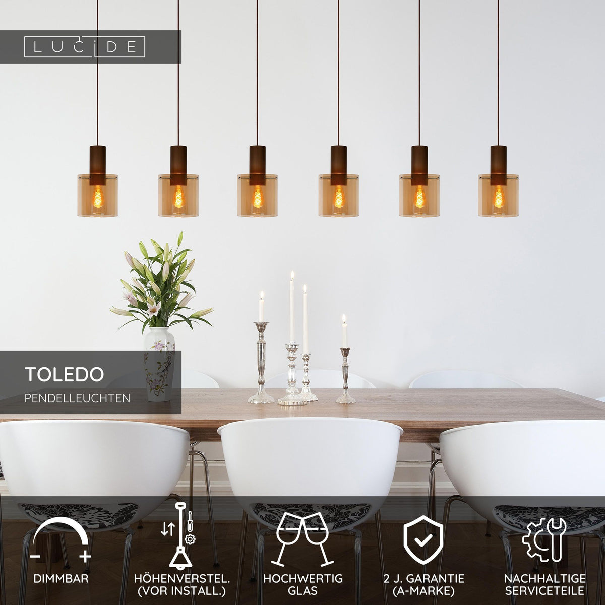 Pendelleuchte Toledo 3-flammig Glas Ø20cm höhenverstellbar Amber (6)