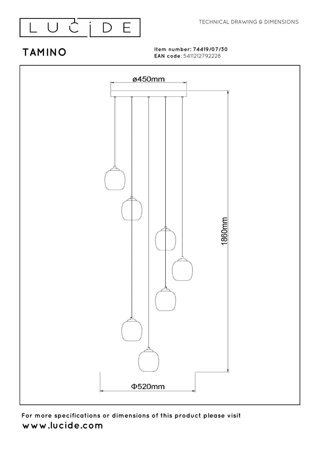 LED-Candeeiro suspenso Tamino 7-luzes regulável Branco quente 52cm (8)