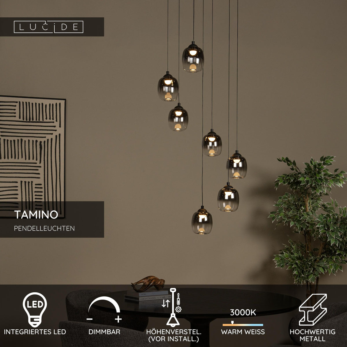 LED-Candeeiro suspenso Tamino 7-luzes regulável Branco quente 52cm (7)
