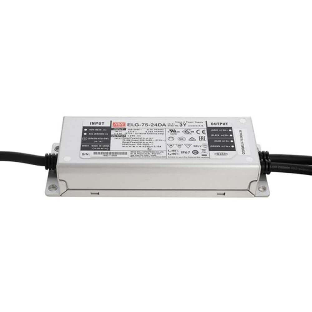 75W zertifiziertes Einbaunetzteil Dali Dimmbar 24V IP65 auf einem weißen Hintergrund.