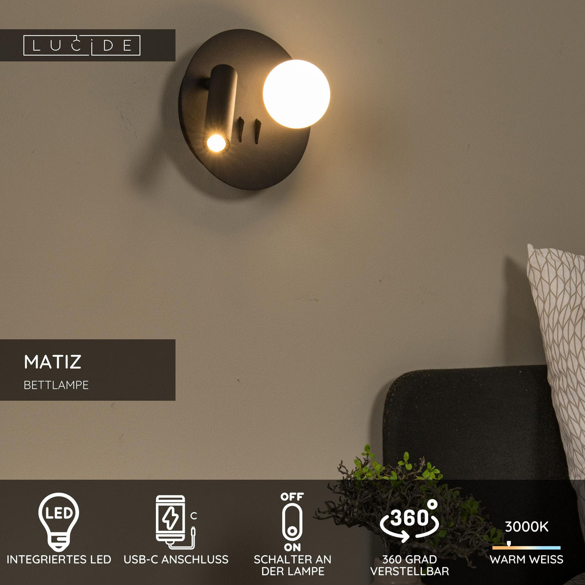 LED-Leseleuchte Matiz schwenkbar mit USB-Ladeanschluss rund (7)