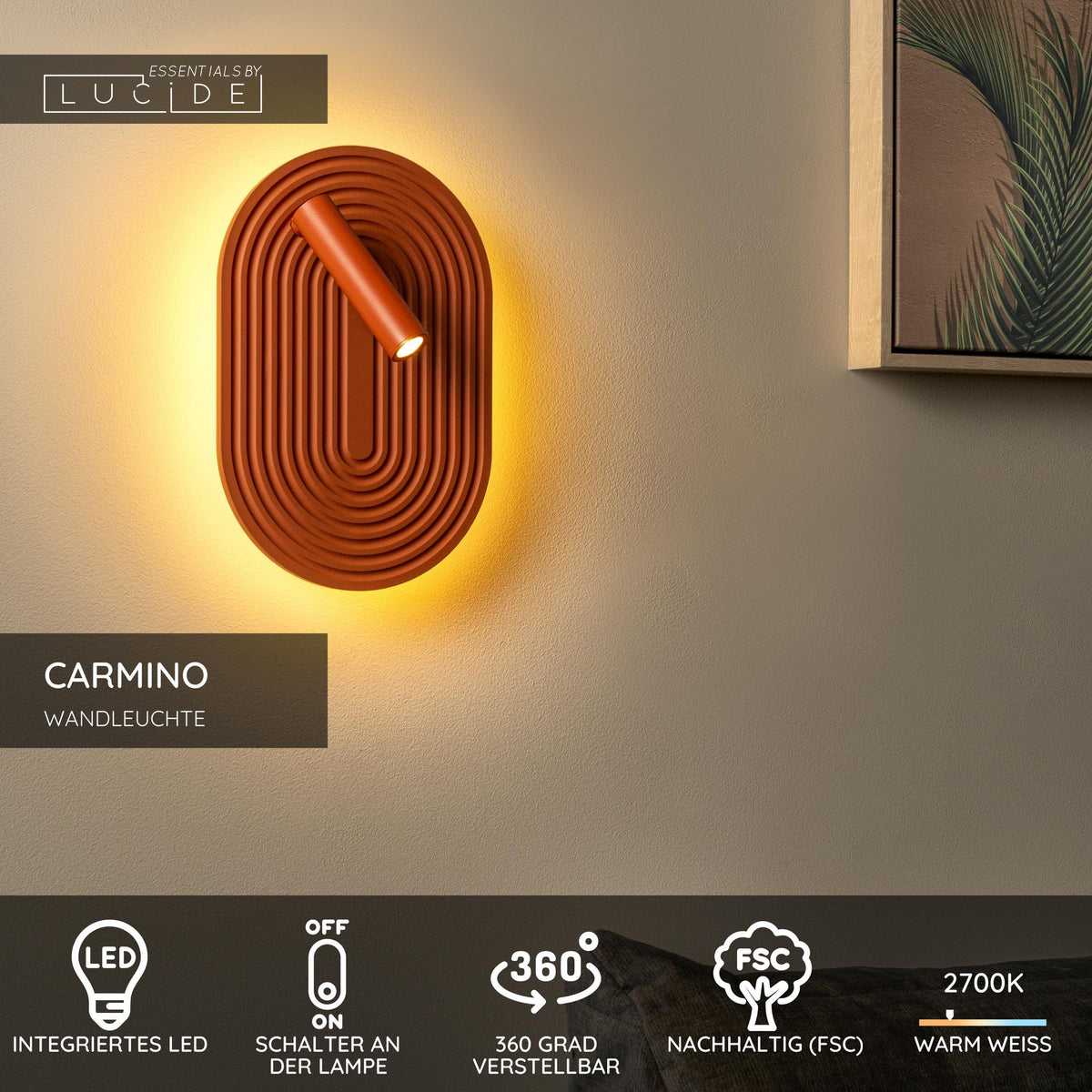 LED-vägglampa Carmino vridbar trä terrakotta (4)