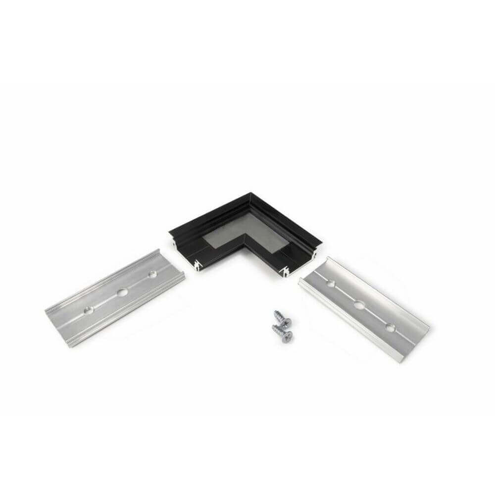 90° Ecke für Einbauprofil flach Schwarz mit zwei Aluminiumprofilen und Schraube.