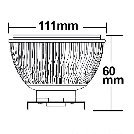AR111 G53 COB-spot 15W 75° varmhvit, målsatt tegning med 111 mm diameter og 60 mm høyde.