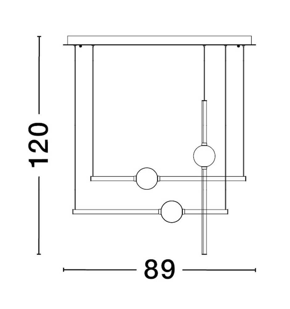 Technische Zeichnung der Acrobat LED Pendelleuchte 6-flammig 3000K Schwarz mit Maßen 120 cm x 89 cm.