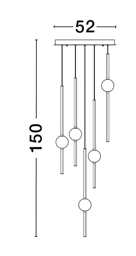 Acrobat LED Pendelleuchte 7-flammig 3000K Schwarz technische Zeichnung mit Abmessungen 52 cm Durchmesser und 150 cm Höhe.