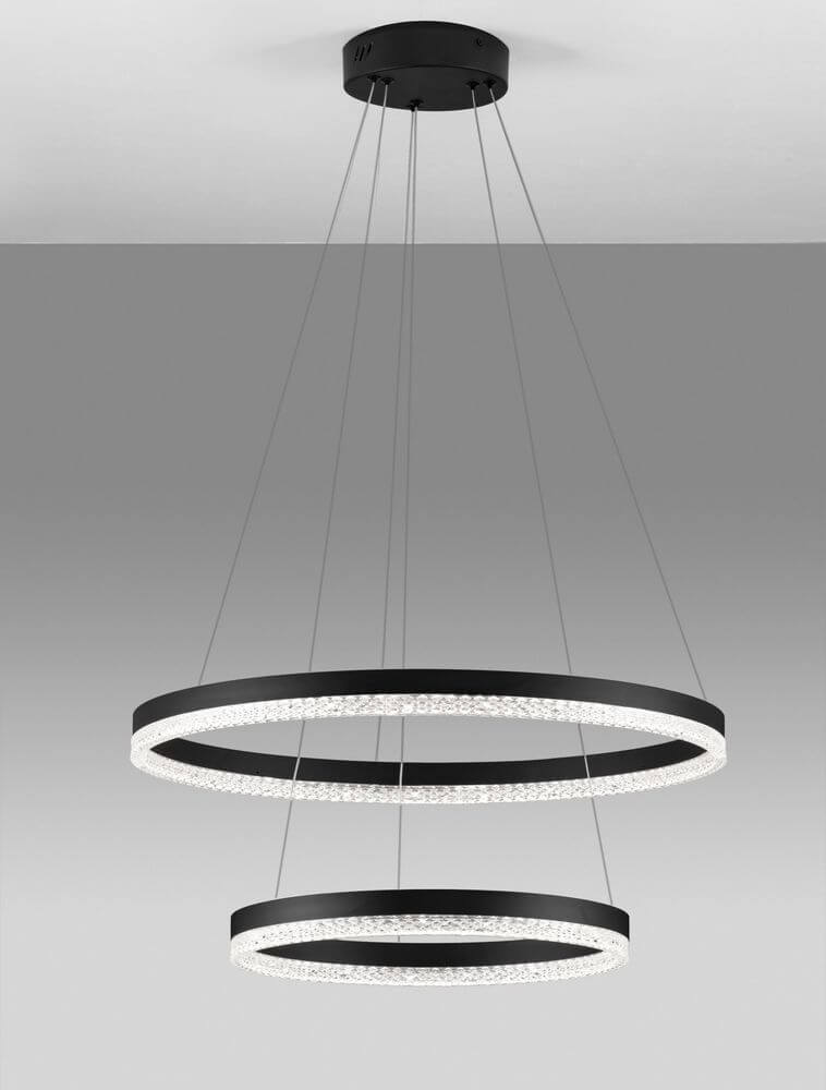 Adria LED Pendelleuchte 2-flammig Ø 60cm in elegantem Schwarz mit zwei schwebenden Ringen.