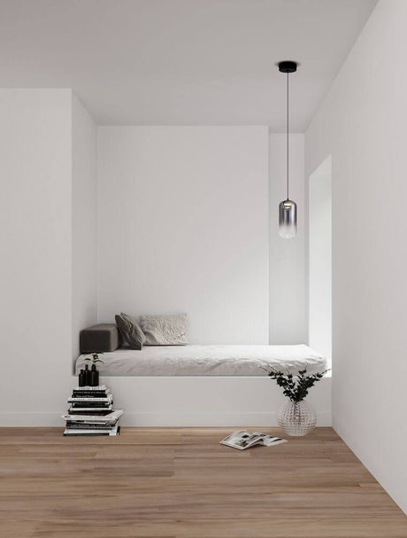 Aelia LED pendant light 3000K black, smoke in a modern bedroom with minimalist furnishings.