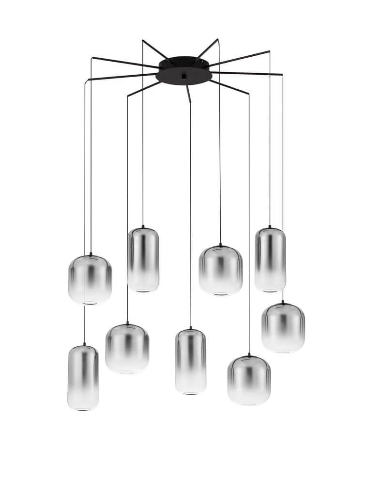 Aelia LED Pendelleuchte 9-flammig Ø 82cm Schwarz, Rauch - moderne Leuchte mit 9 Glaslampenschirmen.