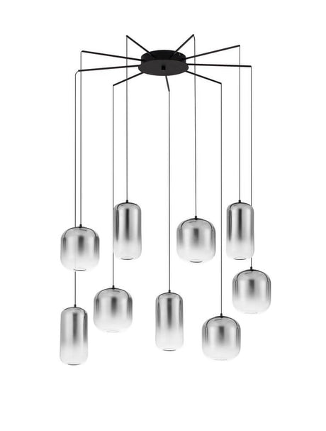 Aelia LED Pendelleuchte 9-flammig Ø 82cm Schwarz, Rauch: moderne Hängeleuchte mit 9 Rauchglas-Schirmen