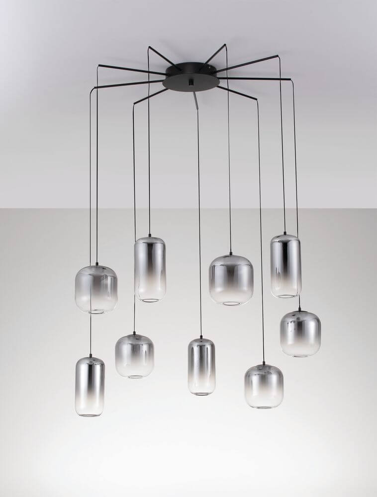 Aelia LED Pendelleuchte 9-flammig Ø 82cm Schwarz, Rauch - moderne Leuchte mit Rauchglas und elegantem Design.